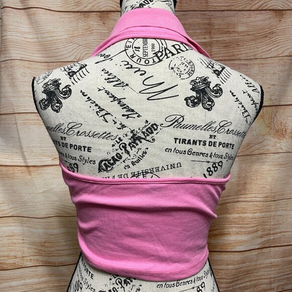 Halter Collared V neck Crop Knit‎ Ribbed Pink Top Size Small Shein - Picture 2 of 4